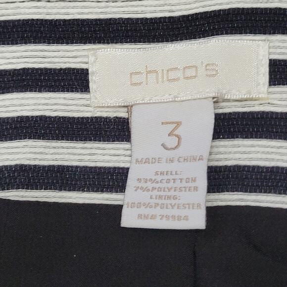 CHICO'S Black and White Striped Cropped Blazer Jacket 3/4 Sleeves Snap Sz 3 (XL) - Picture 2 of 7